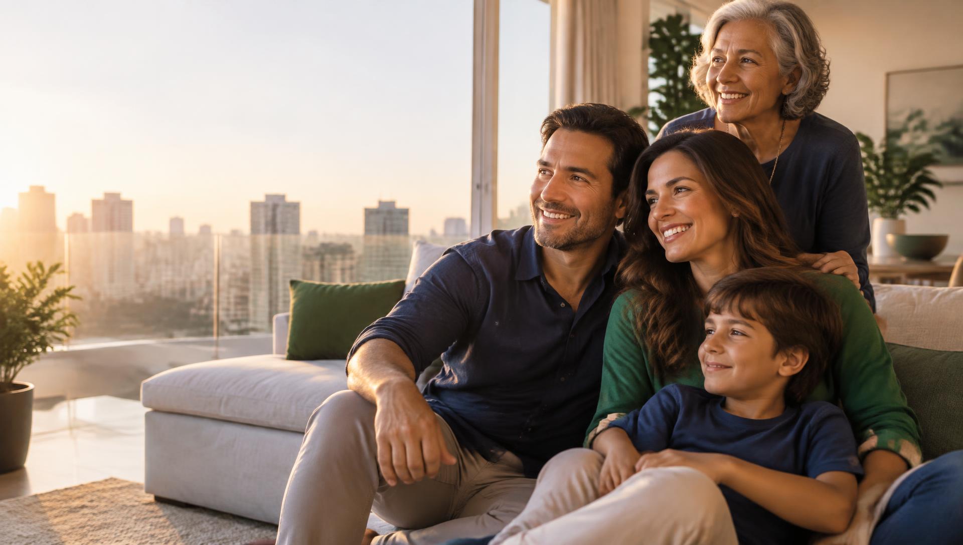 Família reunida em casa ao pôr do sol